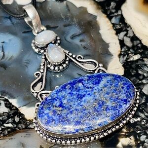 Rainbow Moonstone & Lapis Lazuli Crystal Pendant 2 7/8”